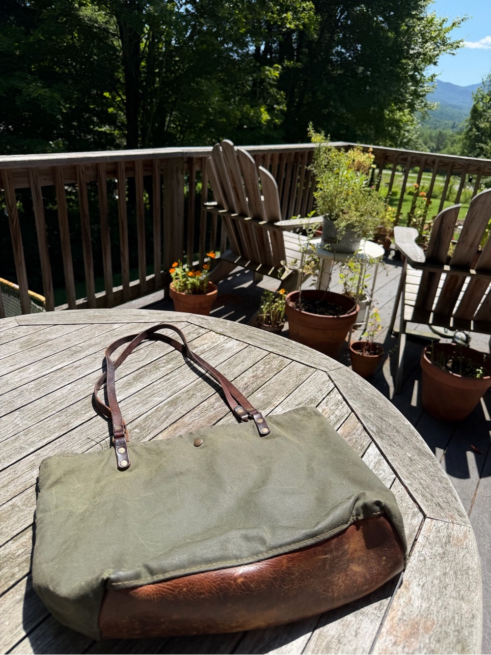 Olive Waxed Canvas Tote Bag with Brown Leather Trim